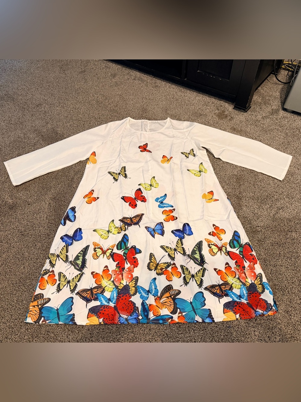 White Long-Sleeve Butterfly Print A-Line Dress